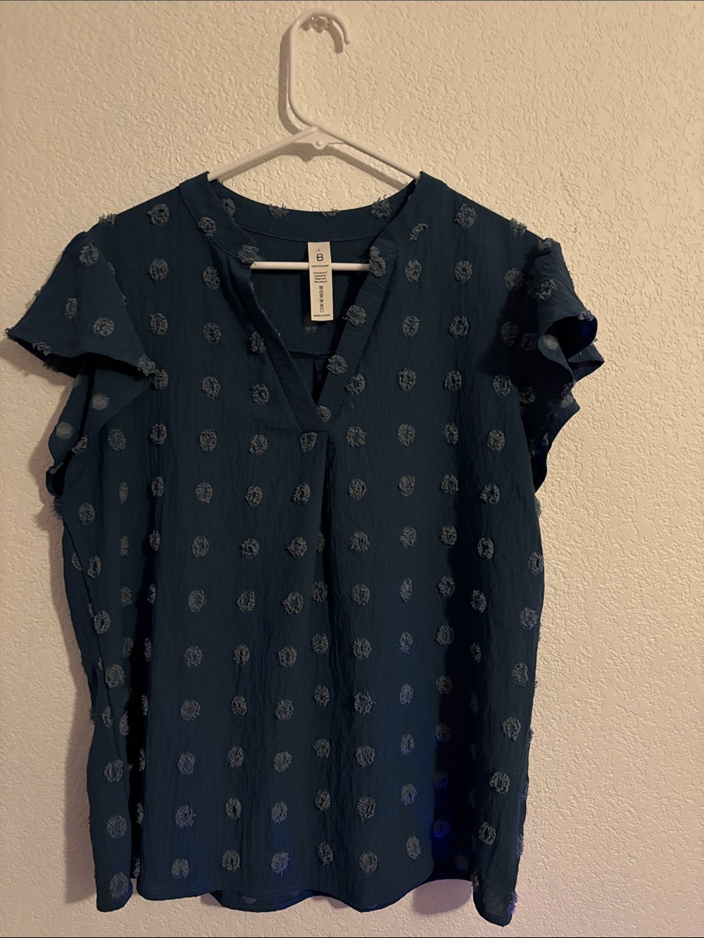 Textured Blue Dot V-Neck Flutter Sleeve Blouse